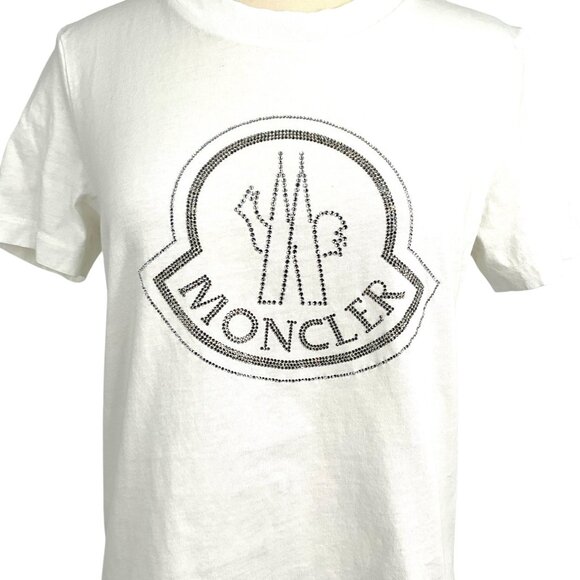 Moncler Rhinestone Logo T-Shirt White Silver Short Sleeve Size L Large Crew Neck - Picture 2 of 14